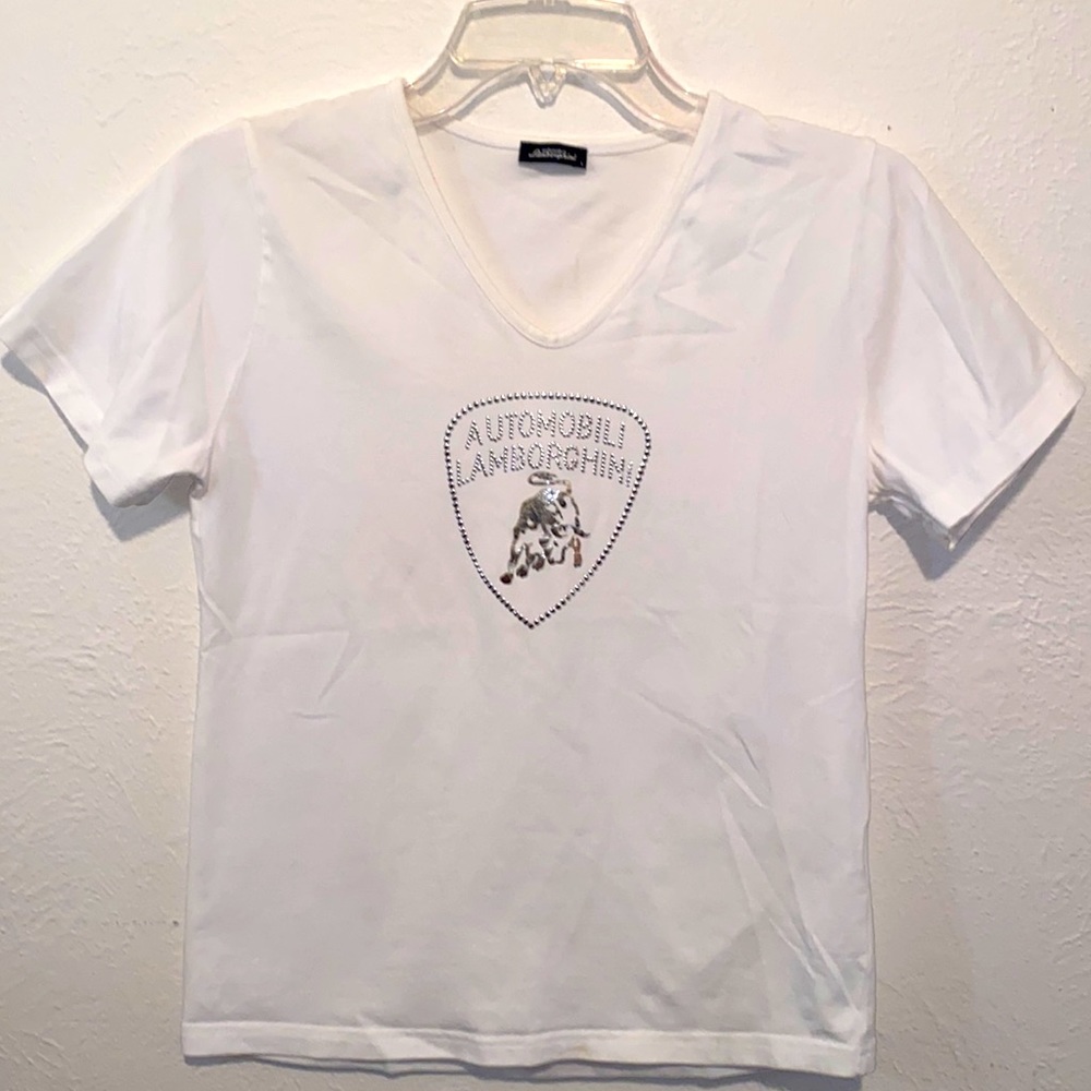 Automobili LAMBORGHINI white & silver studded v neck T-shirt Large
